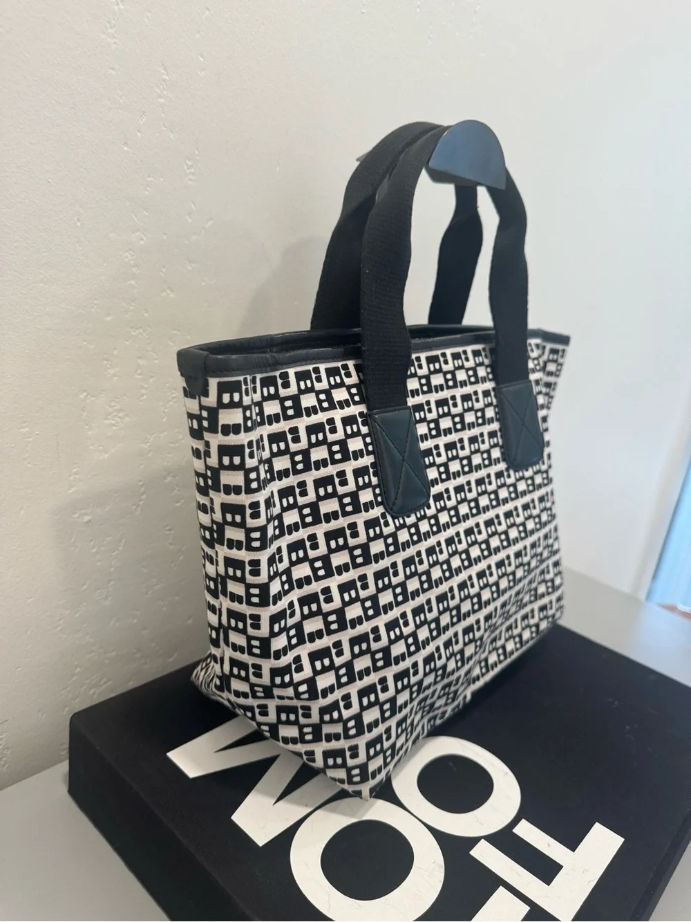 Bally Black and White Geometric Canvas Tote